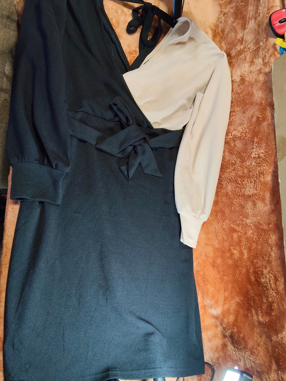 Two-Tone Black and Cream Wrap Dress with Tie Waist